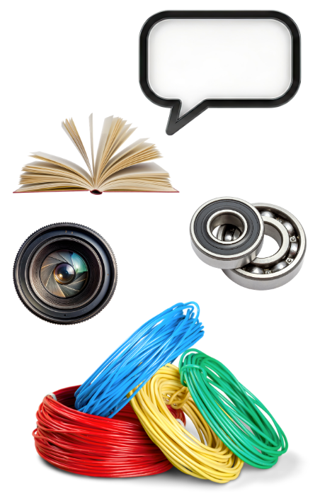 Speech bubble, book, bearing, camera lense, cables